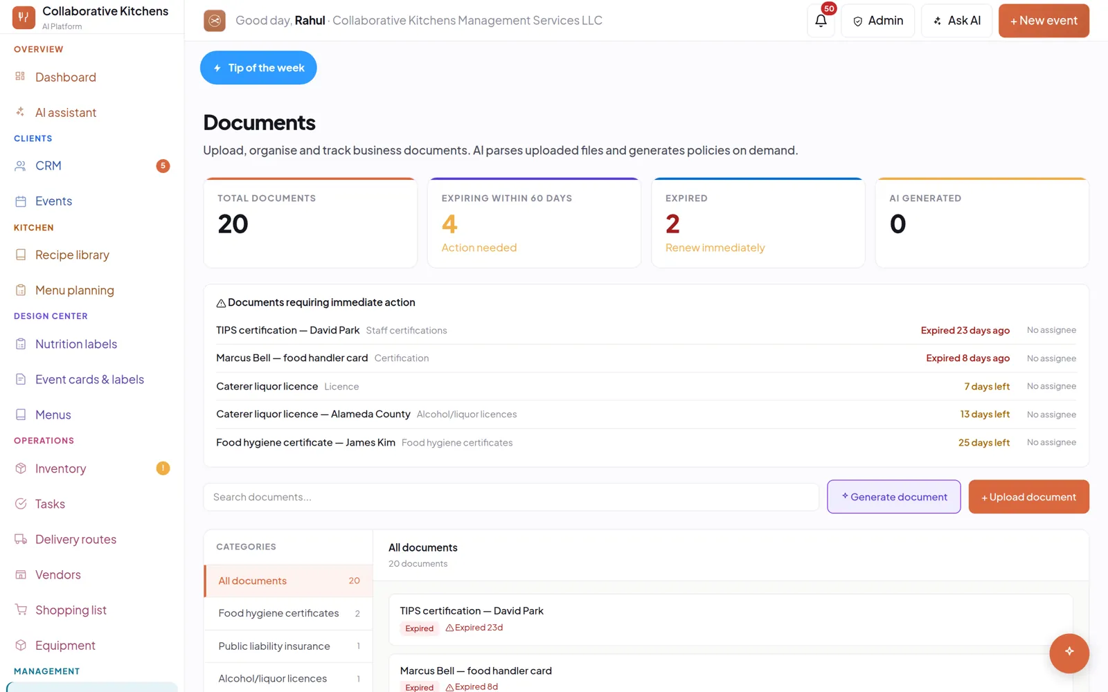 The documents page with expiry tracking and items needing action.