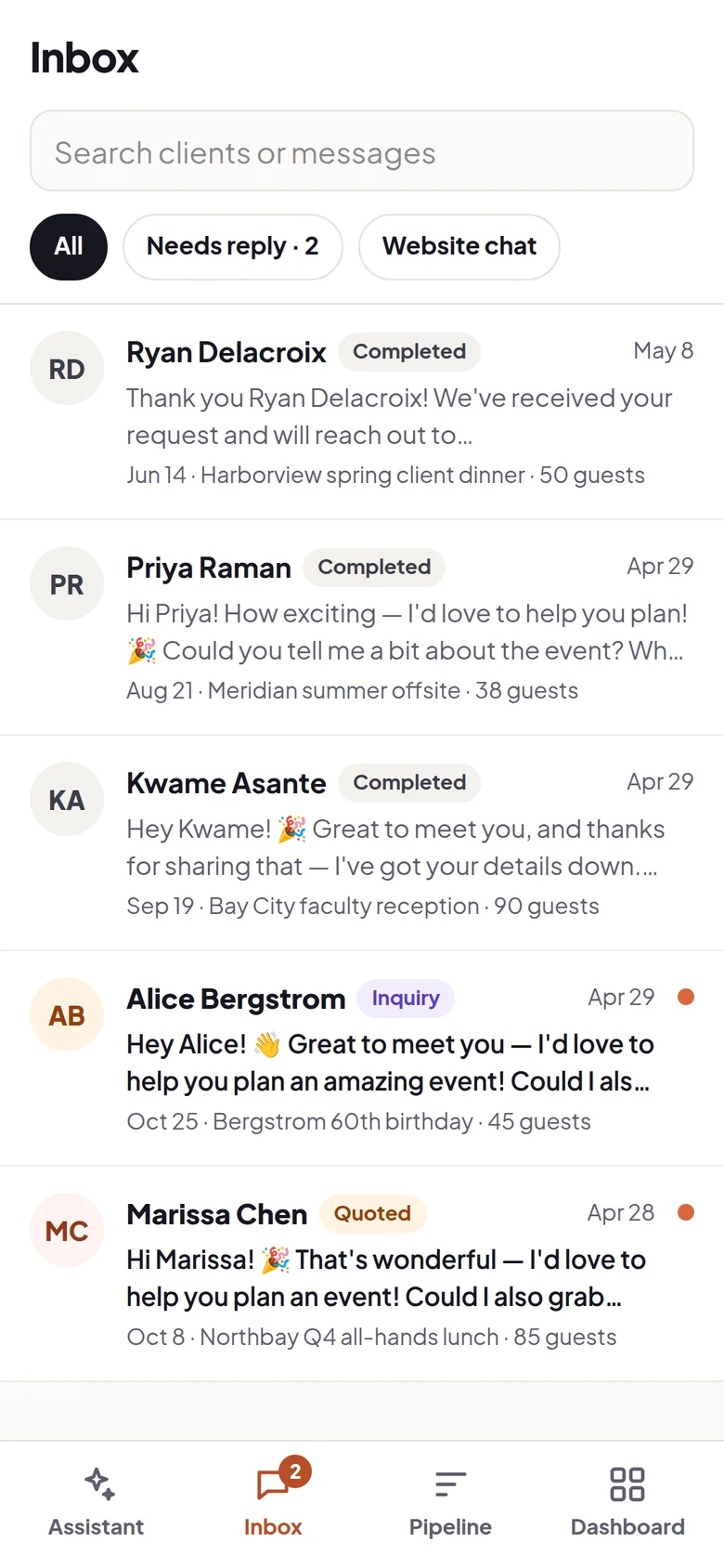 The enquiry inbox on a phone, threads waiting with their pipeline stage.
